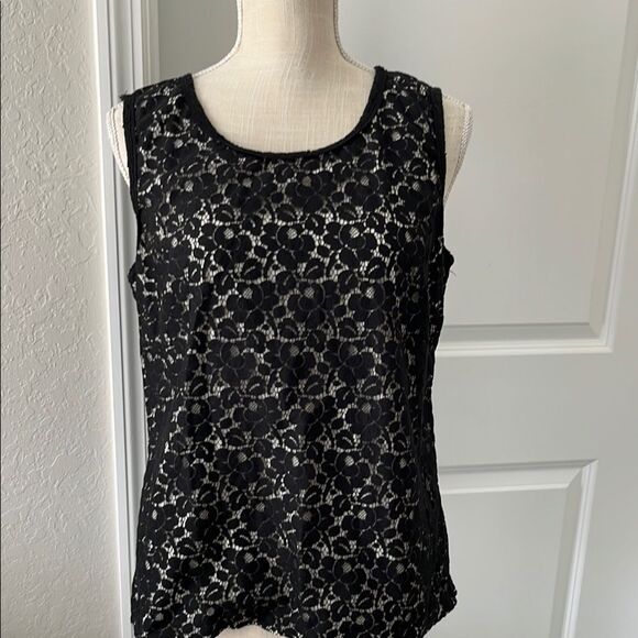 Talbots Black Floral Lace Tank Top lined in White Cotton Sz 12 - Picture 1 of 7